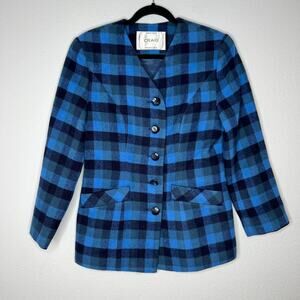 Craig Vintage Japanese Blue & Black Check Up Nylon Wool Jacket Women Size S